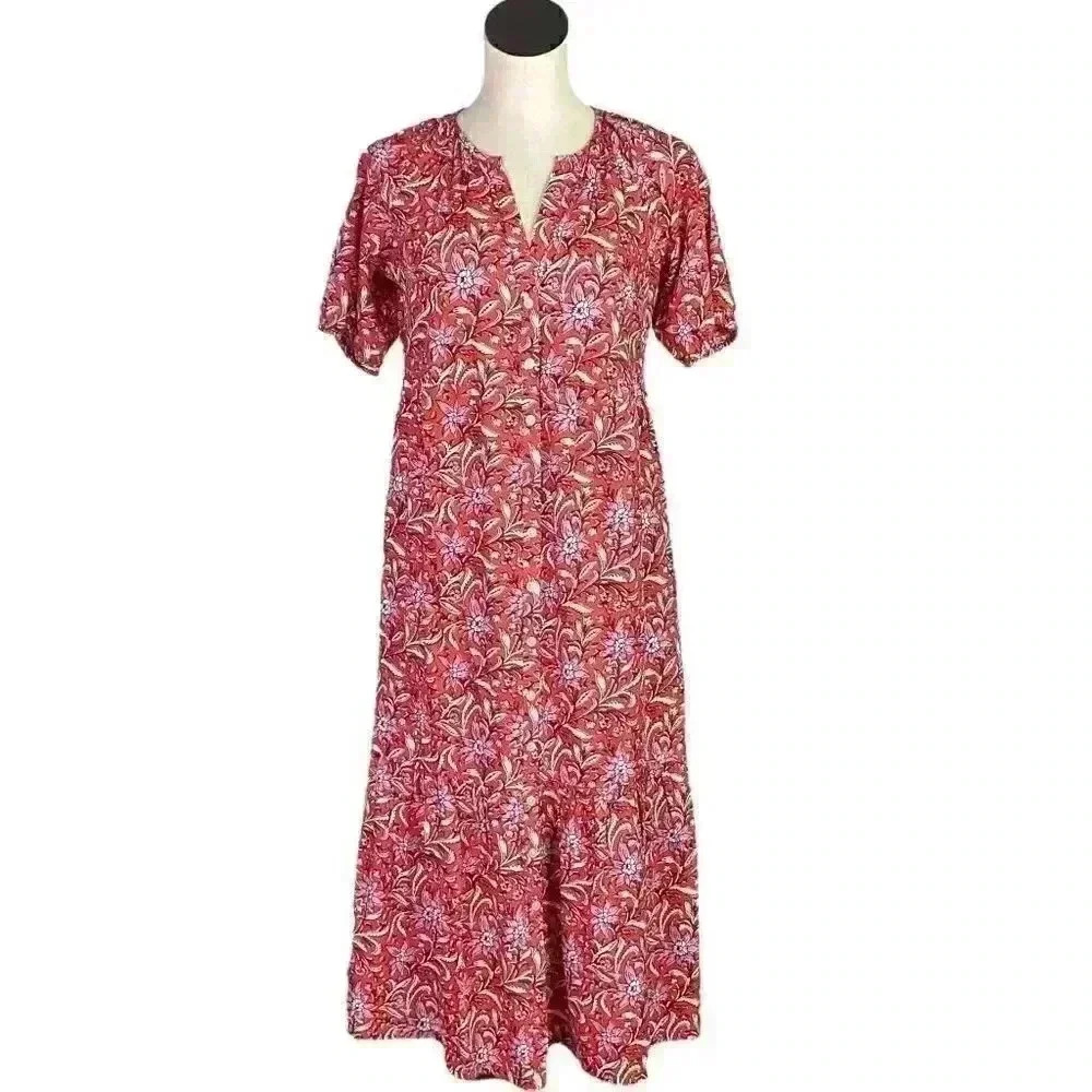 Loft Women S Floral Tier Pocket Shirt Dress Red White Rayon Short Sleeves NEW - Picture 2 of 12